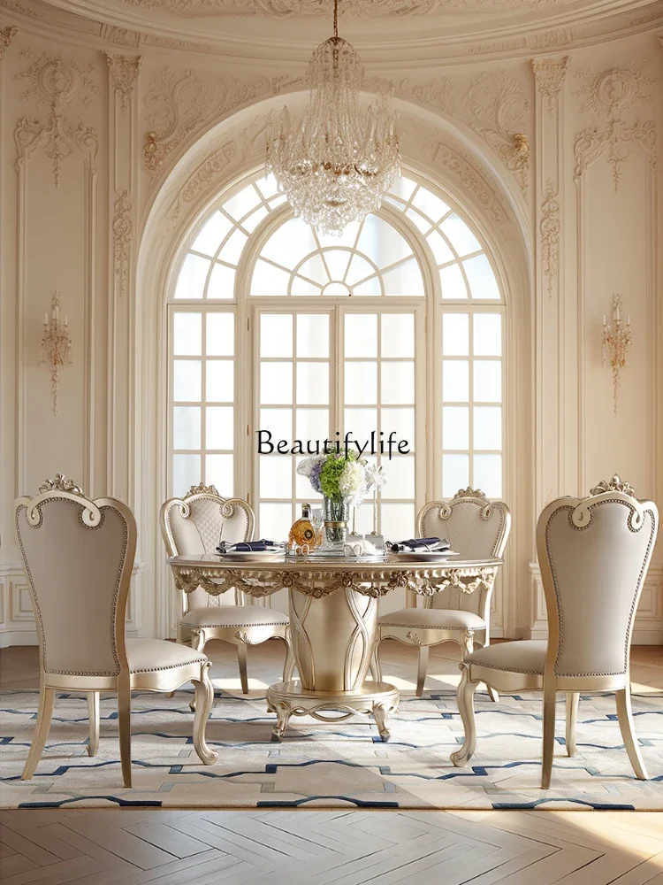 

yj9 Light Luxury Wood Carving Silver Foil round Table European Turntable Dining Tables and Chairs Set