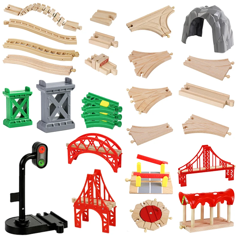 Wooden Train Toy Accessories Fit for All Brands Trains Wooden Train Track Pieces Railway Bridge Educational Toys for Children