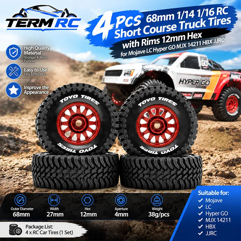 4Pcs 68mm 1/14 1/16 RC Short Course Truck Tires with Rims 12mm Hex for Mojave LC Hyper GO MJX 14211 HBX JJRC
