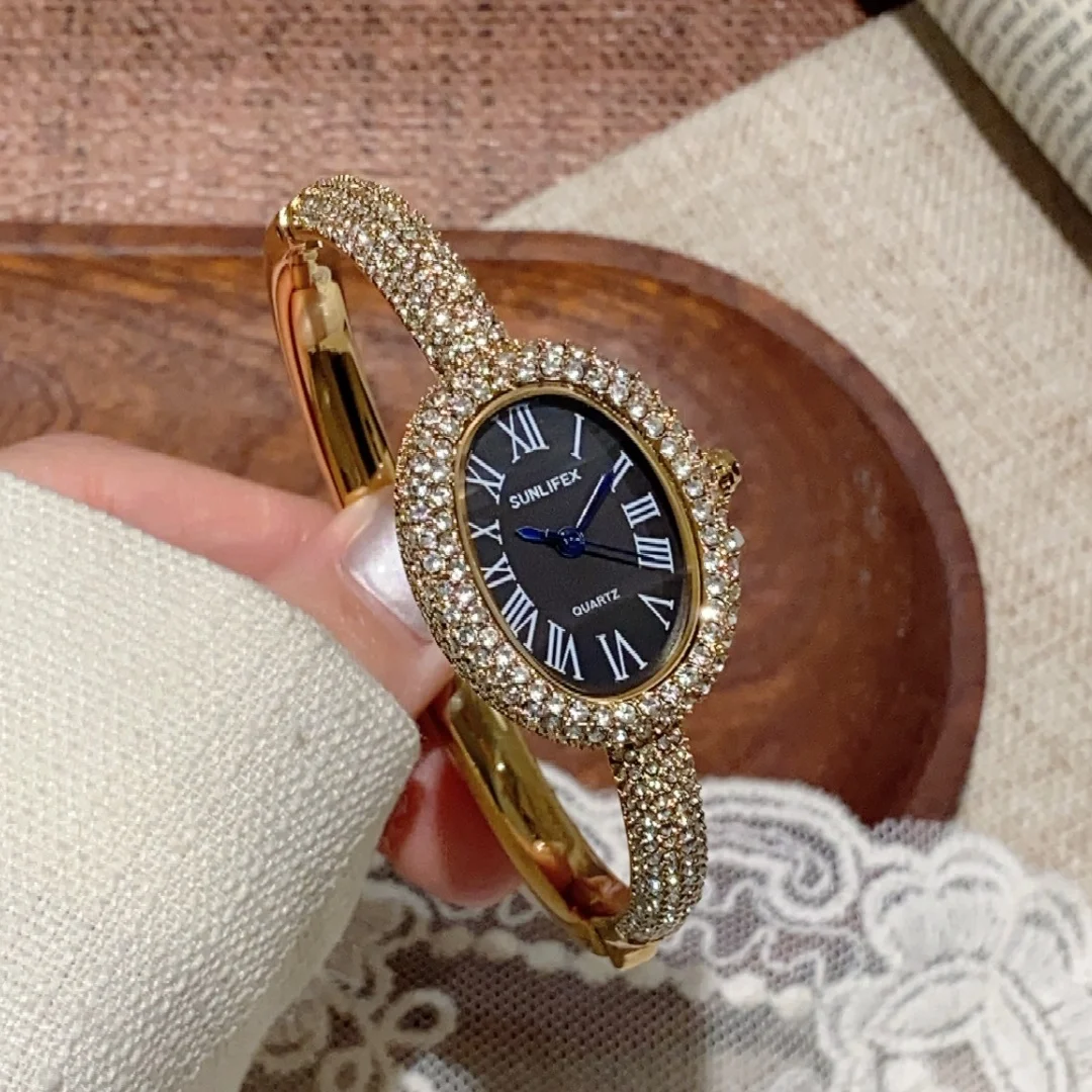 Sunlifex كامل الماس ووتش المرأة الفضة اليد الإسورة سوار ساعات الكوارتز السيدات ساعة اليد Relogio Feminino Saati