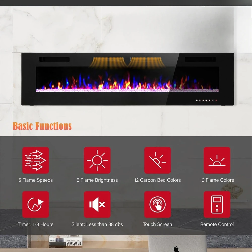 Electric Fireplace 72 Inch Wall Mounted & Recessed, Ultrathin 3.86" Electric Heater with Remote Control Touch