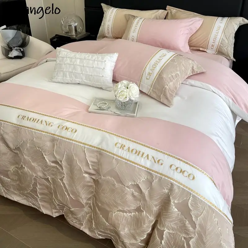 

Luxury High End Embroidery+Embossed Fabric Cotton Bedding Set Queen King Size Duvet Cover Bed Sheet Flat Sheet RU Europe 4PCS#/L