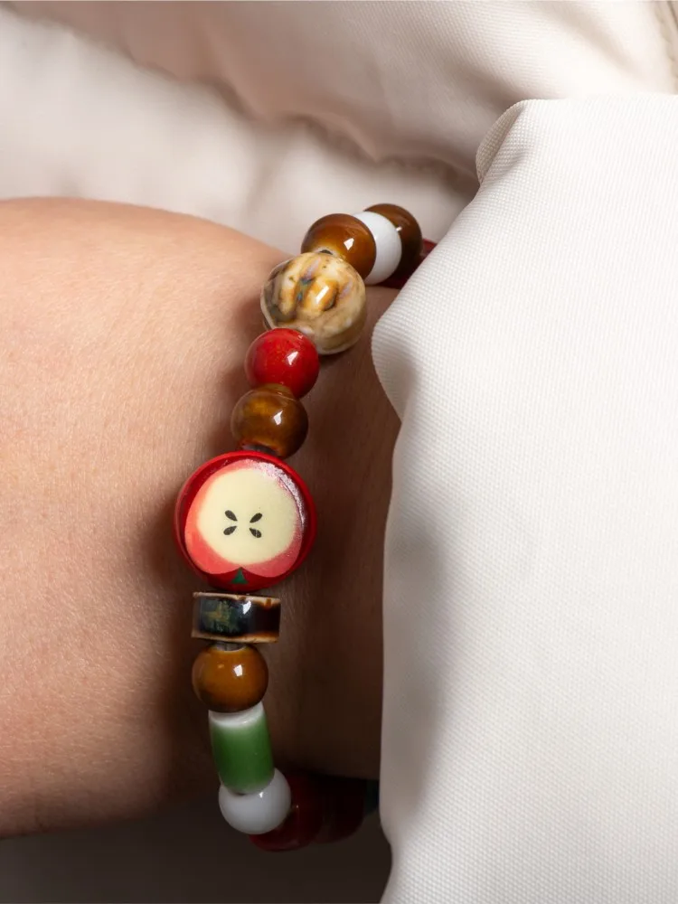 Bracelet en céramique de perles d'os de fruits de pomme fait à la main, extensible, bijoux ethniques Boho, cadeau Unique S02-025