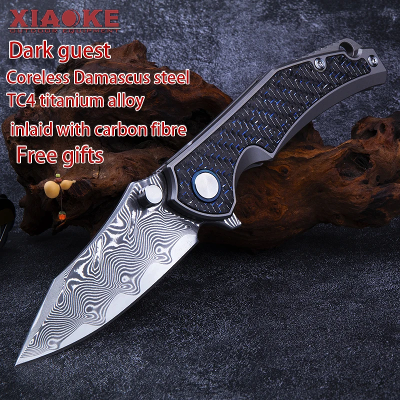 Premium Damascus Steel Pocket Knife with TC4 Titanium Carbon Fiber Inlay Folding Outdoor Camping Survival Knife Gift