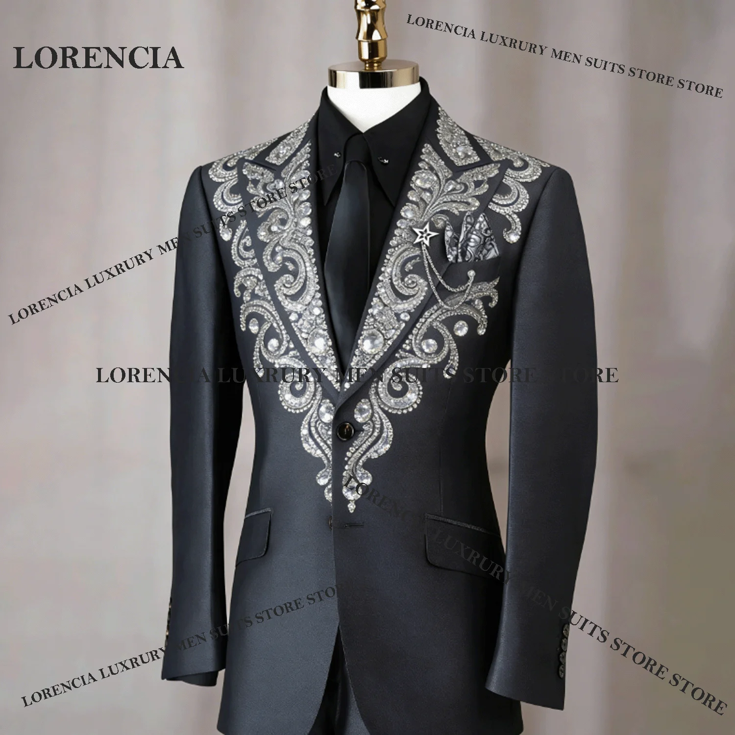 

Luxury Diamond Men Suit Handmade Crystal Embroidery Evening Tuxedos Slim Ropa hombre 2 Pieces Sets Groom Male Blazer Customized