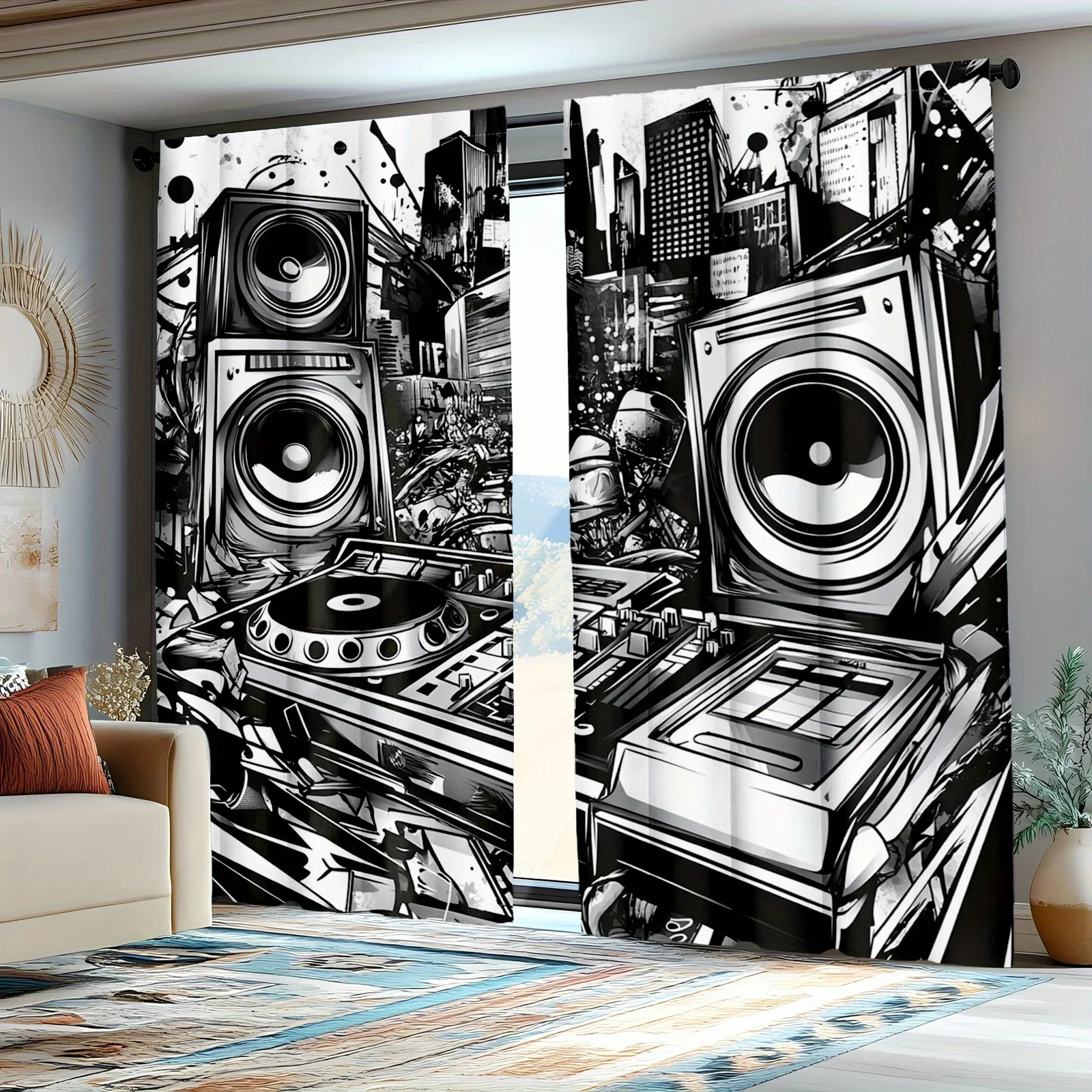 DJ Turntable Curtains Black White Music Art Window Drapes Urban Sound System Home Decor Hip Hop Style Living Room