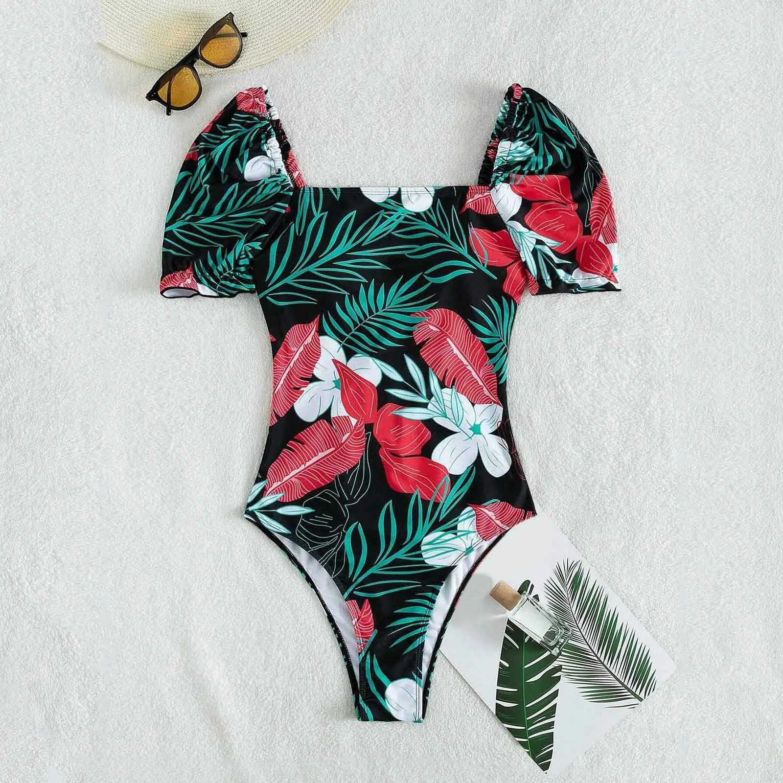 Vintage Floral Print Swimwear Women 2024 Short Sleeve Cut Out Bandage Cross Bathing Suit Control Abdomen One Piece Swimsuits