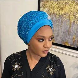 Shining Diamonds Sequins Women Turban Cap African Hat Auto Gele Headtie Bonnet Muslim Headwear Head Caps Turbante Mejur Nigeria