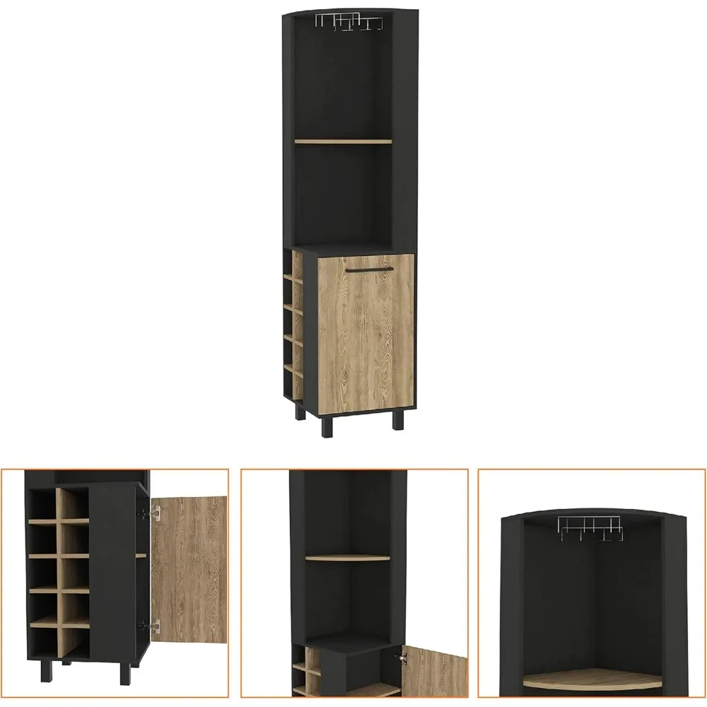 Bar Cabinet with Open Shelves, Inner Shelves, Glass Rack, and Wine Cubbies, Black/Pine