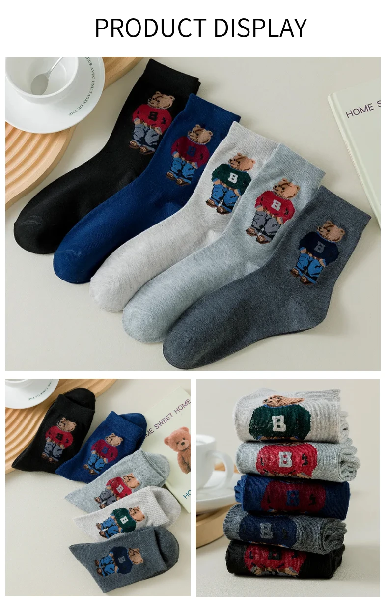 5 Paar Gentleman Bear Herrensocken, bequeme Harajuku-Skateboard-Socken, neuartige atmungsaktive Socken, Weihnachtsgeschenk – Detail 7