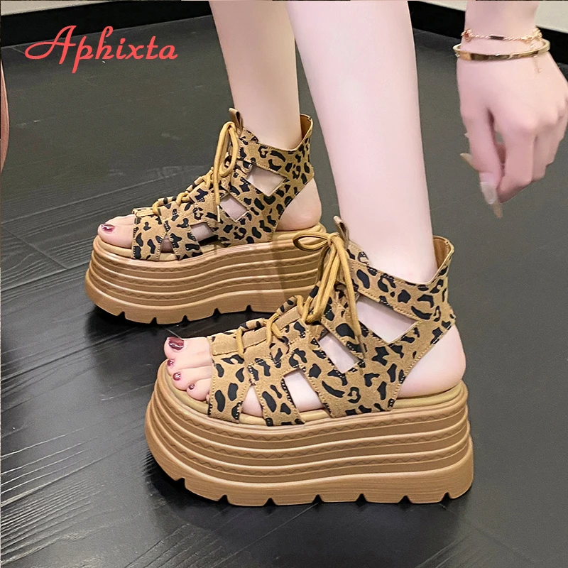 Aphixta, Sandalias de plataforma de 8cm, Sandalias de tacón grueso con diseño de leopardo, Sandalias de tacón con cuña para mujer, Sandalias, Sandalias, Chaussures Femme