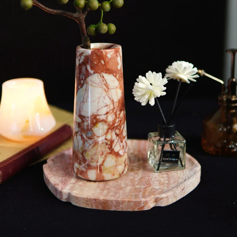 Light Luxury Style Natural Marble Breccia Capraria Red Straight Vase Creative Home Homestay Hotel Desktop Flower Set