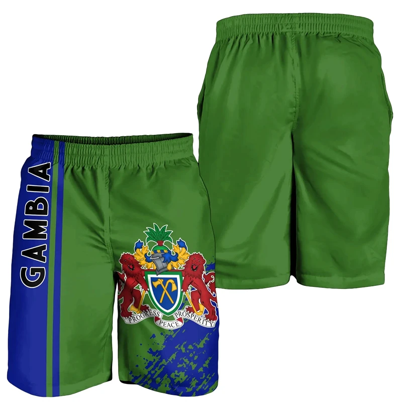 Calções de praia para homens estampados em 3D, Brasão Masculino Calças Curtas, Bermudas, Hawaiian, National Emblem, Mapa, Bandeira, África, Gambia