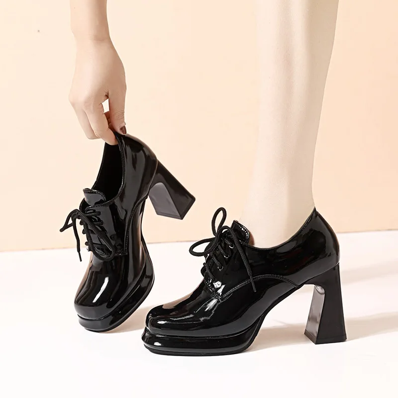 2024 New Square Head Lace-up Waterproof Platform High Heels Deep Mouth Single Shoes Women Thick Heels Thick Sole Women's Shoes