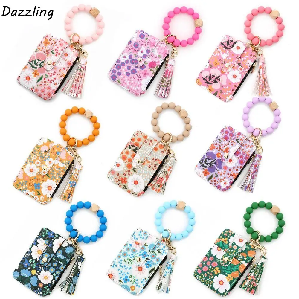 

Fragmented Design Silicone Bead Bracelet Keychain Boho Style Pu Leather Wristlet Wallet Keychain Flower Pattern Beaded Detail