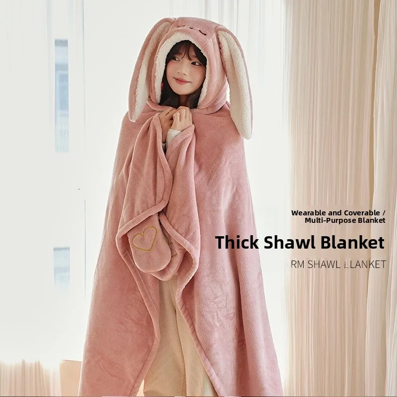 

Милый теплый плед-накидка с капюшоном для офиса и класса, женский стиль, зимний, из полиэфирного волокна, однотонный, универсальный