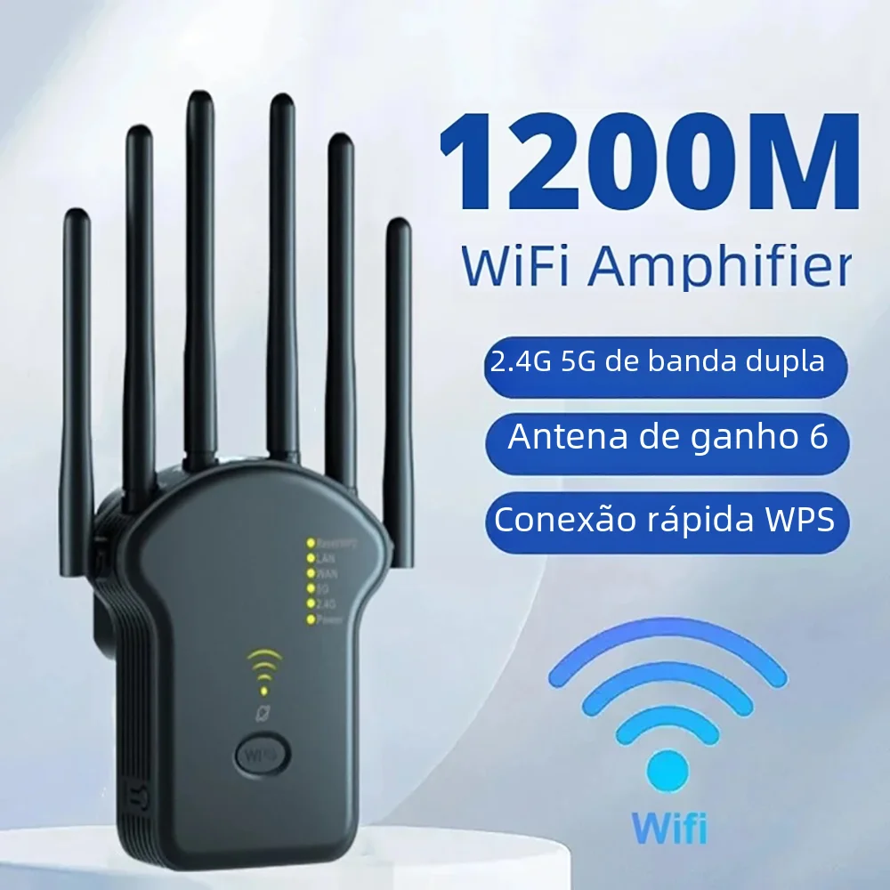 Repetidor wi-fi roteador sem fio 1200mbps 2.4g 5g extensor de capa de sinal alto ganho 6 antena amplificador de rede alcance impulsionador de sinal