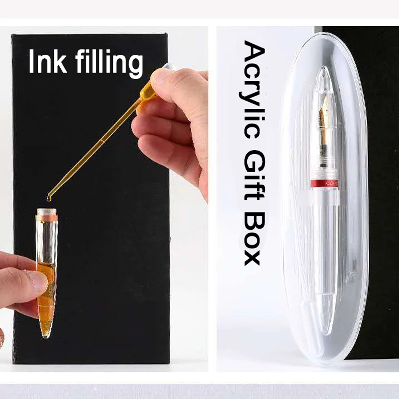 Acrylic Transparent Fountain Pen for Teachers and Students, 18K Gold Nib, Large Capacity Ink Tank, Colorful Stationery