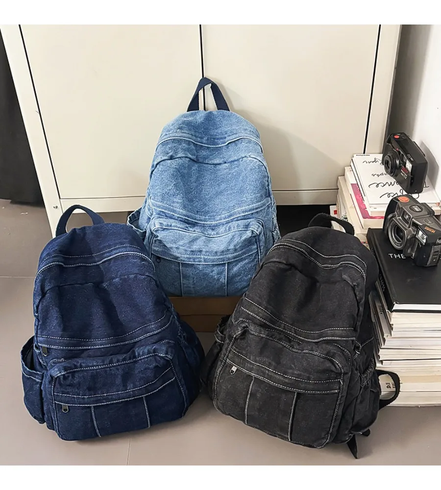 Mori retro denim backpack women's large-capacity junior high school college student backpack leisure travel schoolbag