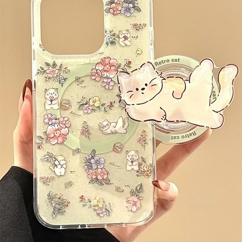 Korean Cute Kitty For Magsafe Phone Magnetic Griptok Stand For iPhone Funny Foldable Wireless Charging Case Holder