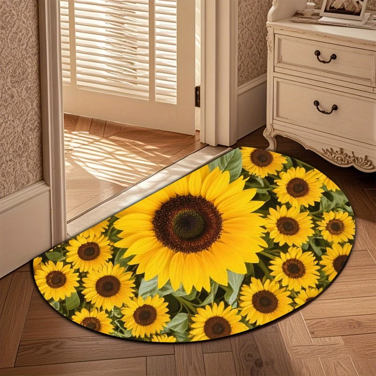 Sunflower Field Pattern Yellow Bright Half Round Carpet Mat Rug Home Decoration Entryway Door Living Room Floral Non Slip