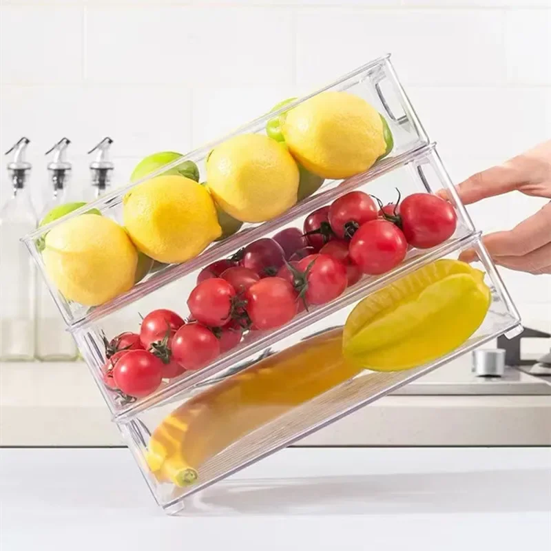 Refrigerator Organizer Bin Stackable Food Fridge Storage Box with Handle Clear Plastic Fruit Vegetable Pantry Kitchen Organizer