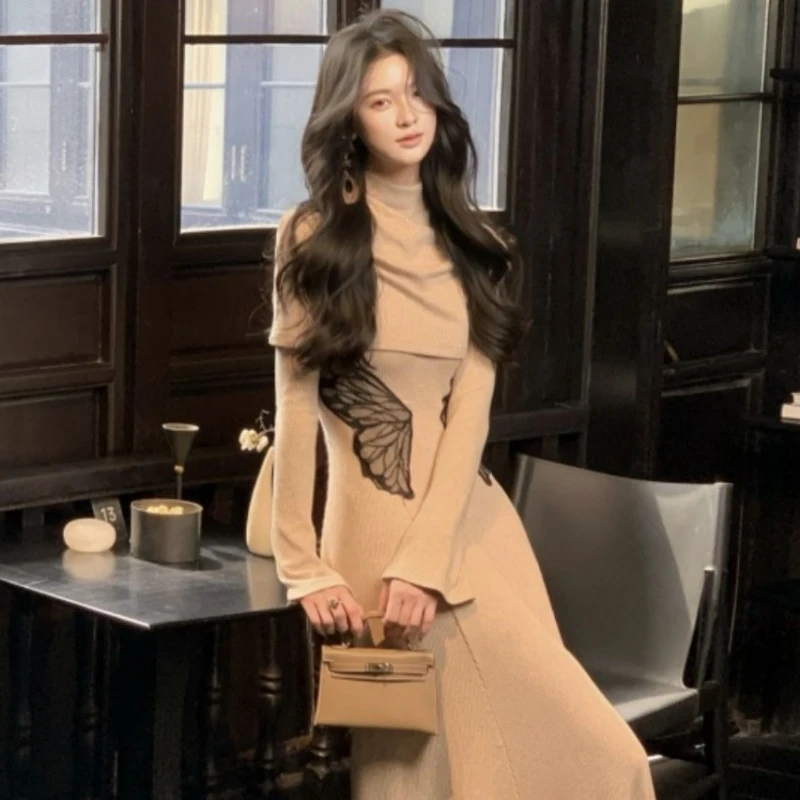 Y2K風ツーピースセット レディース レースニット ハイウエストワンピース + ハーフハイカラースモックワンピース 2025 フェアリーグランジスーツ