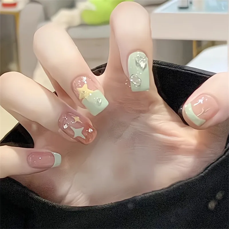 Summer Short Simple Nail Patch Cream Yellow Star Mint Green Wearing Nail Patch Women Student Fresh Nail Patch