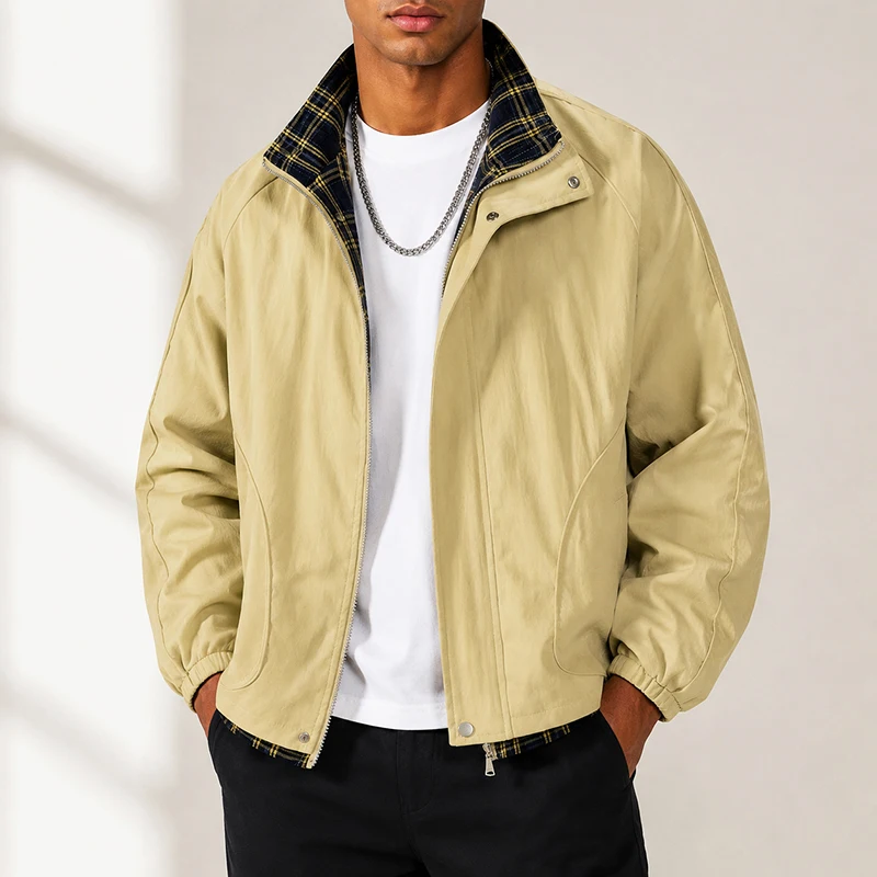 Cargo Jacket Man Fashion Casual Autumn Winter Coats American Style Stand Collar Plaid Splicing Color Contrast Cargo Jacket