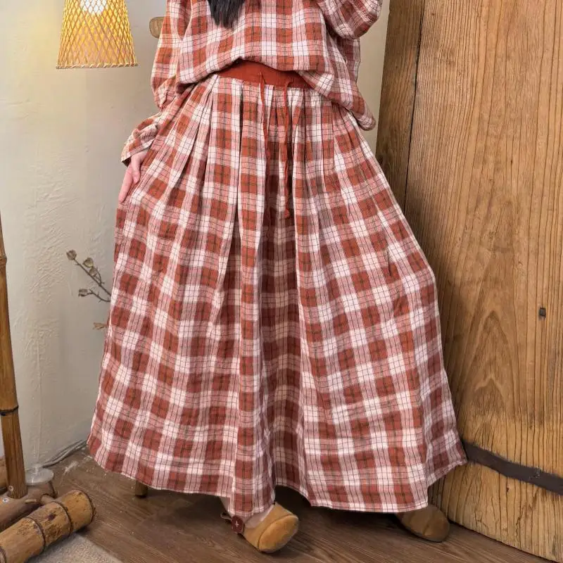 

New Autumn Arts Style Women Elastic Waist Loose A-line Long Skirts All-matched Casual Plaid Cotton Linen Maxi Skirt Good Quality
