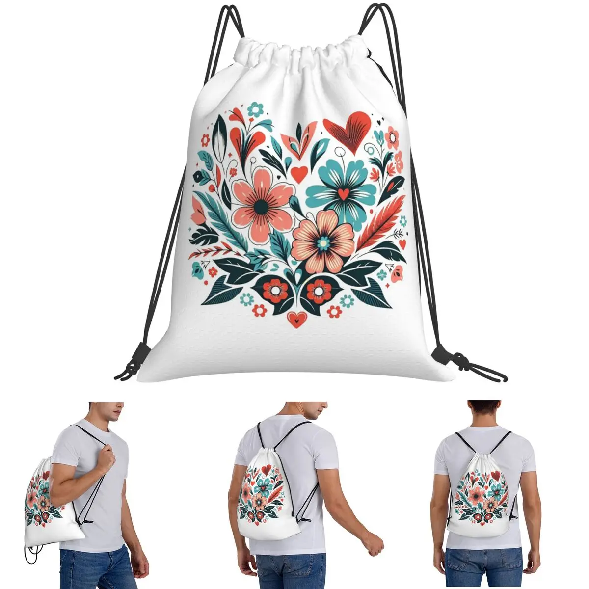 Style Heart Shaped Flower Backpacks Portable Drawstring Bundle Pocket Sports Bag Book Bags for Travel Students