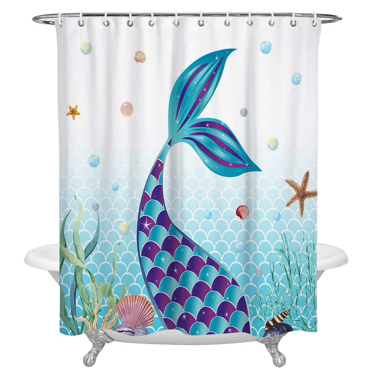 Mermaid Tail Ocean Coral Shell Starfish Waterproof Bathroom Decoration Shower Curtain Printed Bath Curtains Bathroom Accessories