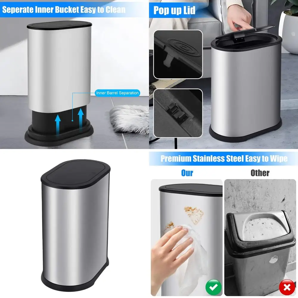 

1.8 Gallon Stainless Steel Pop-Up Lid Trash Can - Slim, Dog-Proof Wastebasket for Bathroom, Bedroom, Office (Silver)