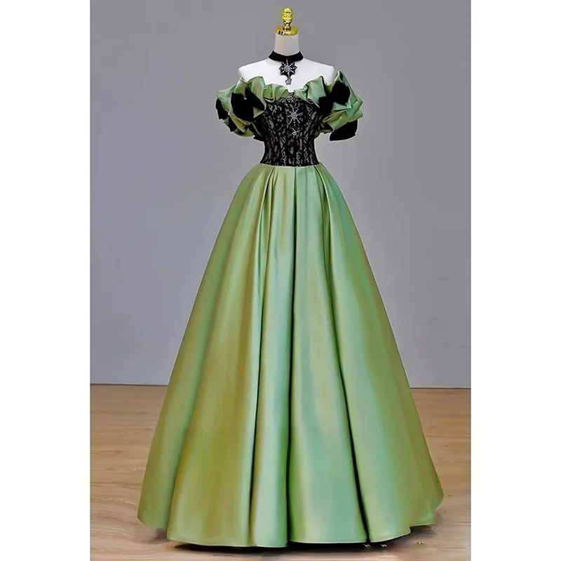 One-shoulder green satin light luxury niche birthday adult party hosting performance dress