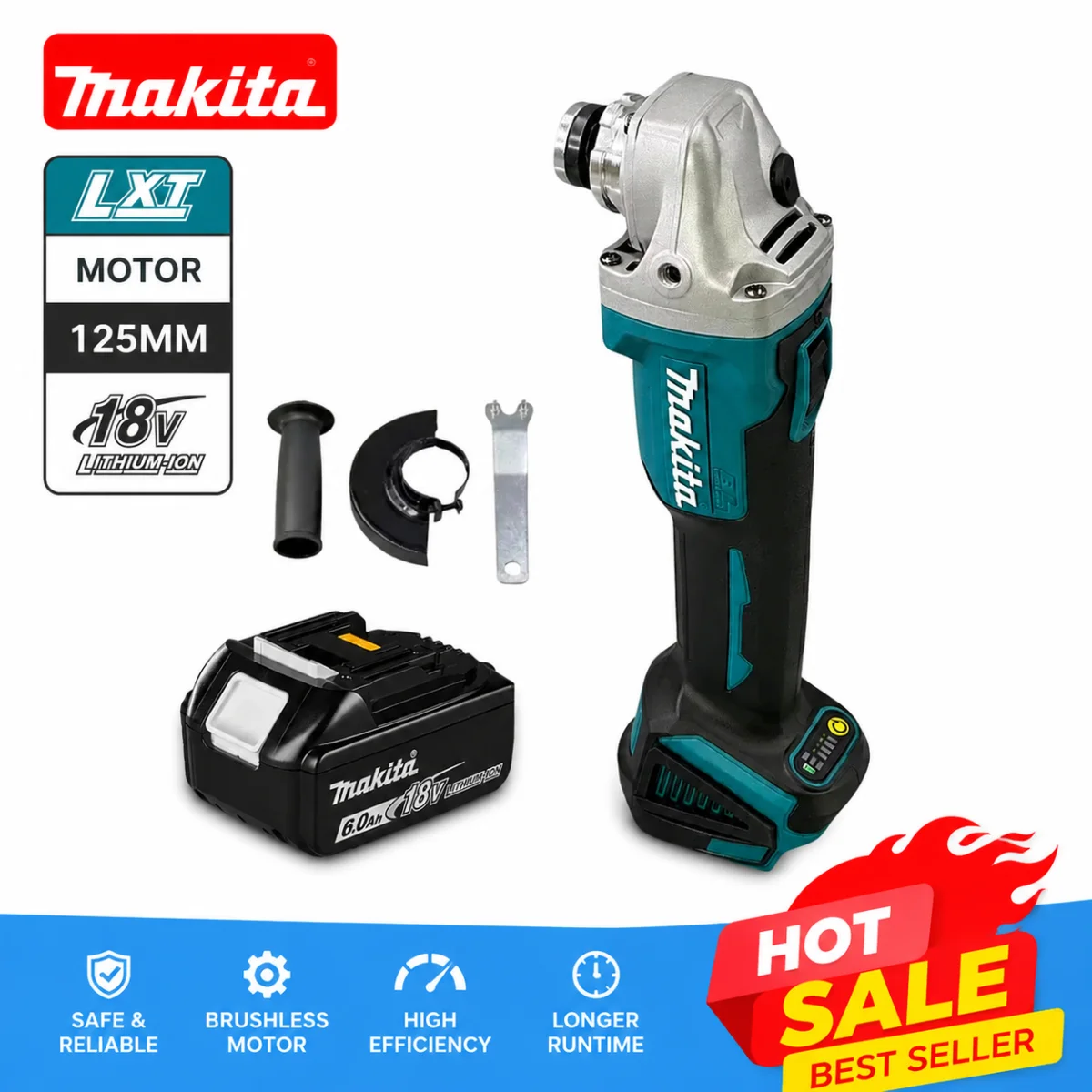 Brushless Angle Grinder Battery Powered - Batteria Makita 18V, Smerigliatrice Angolare Brushless