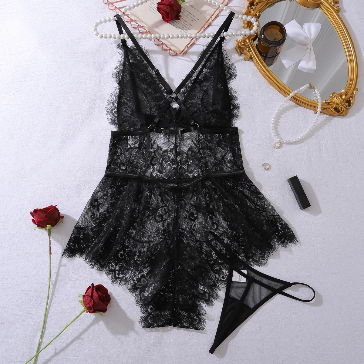 Ellolace Sissy Seksi Sıcak Lingerie Baştan Çıkarıcı Kirpik Dantel Bodysuit Tanga 2 ADET Set Dansçı Gece Parti Kostüm Porno Kadın Giyim
