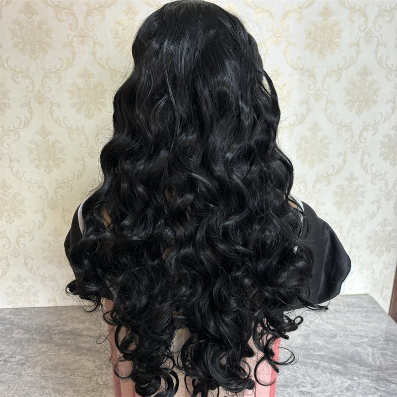 Peruca frontal de renda sintética preta macia para mulheres, pêlos longos do corpo, cabelo ondulado, fibra resistente ao calor, Glueless, uso