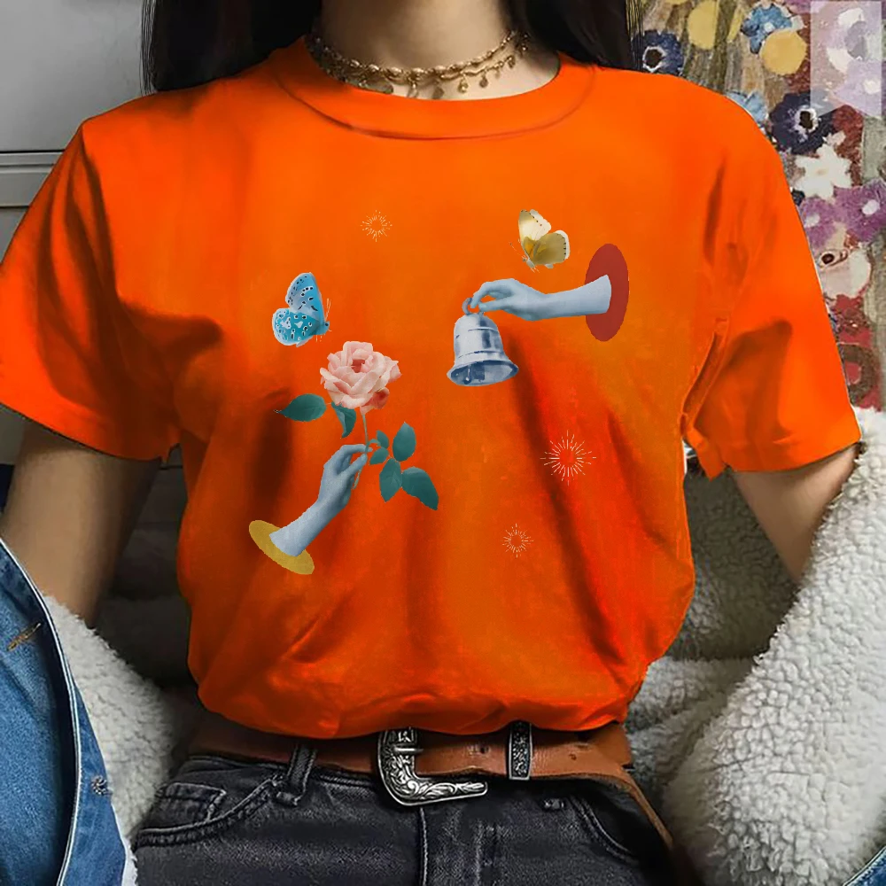 

Cotton Casual T-Shirt Crew Neck Graphic Tees Street Wear Colorfu Y2K Women‘s Clothes Retro Style Flower Butterfkies Bell