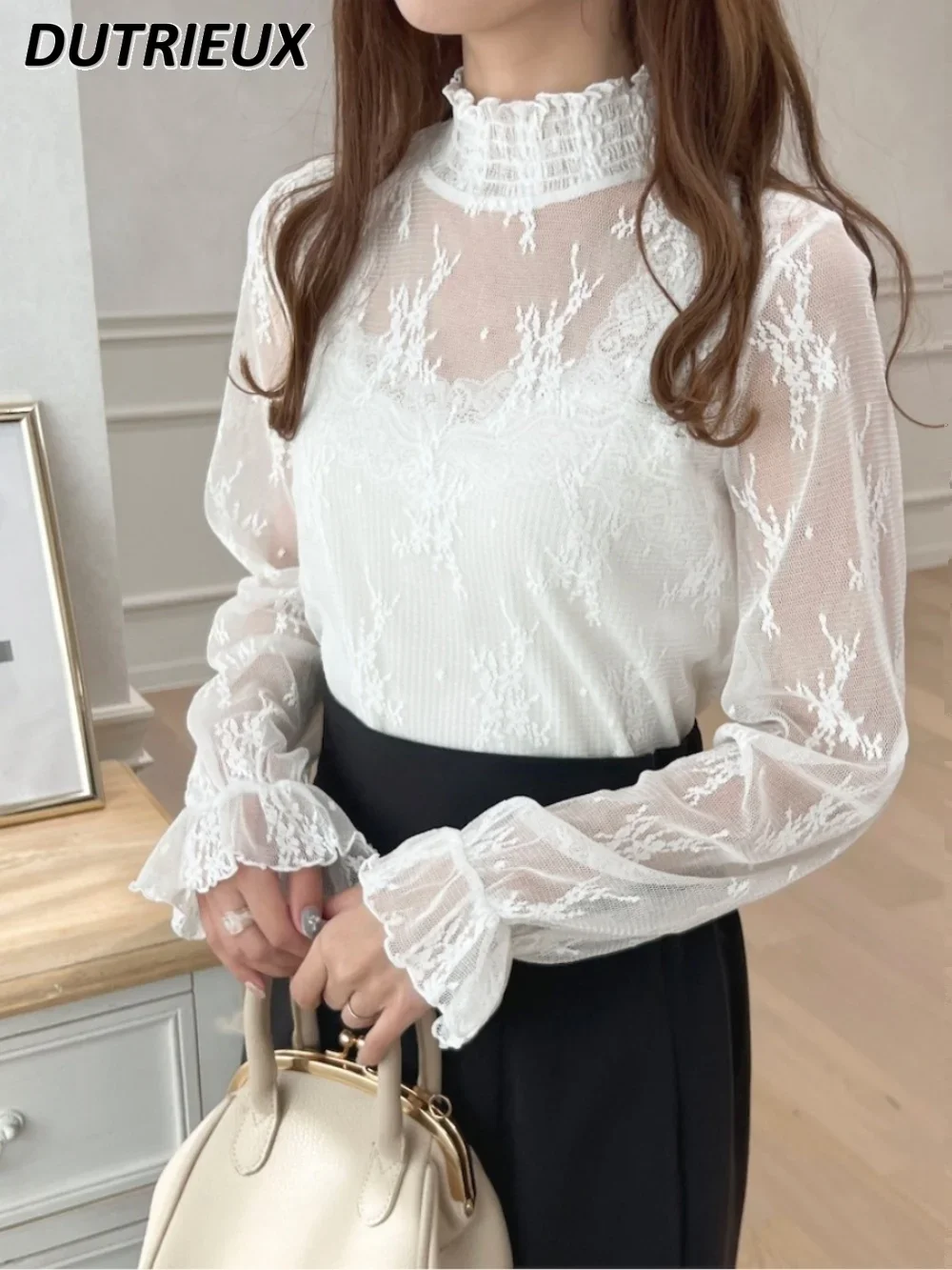 

All-Match Elastic Stand Collar Shirt Beautiful Flared Sleeves Blouse Solid Color Lace Undershirt Spring Autumn Sweet Girls Tops