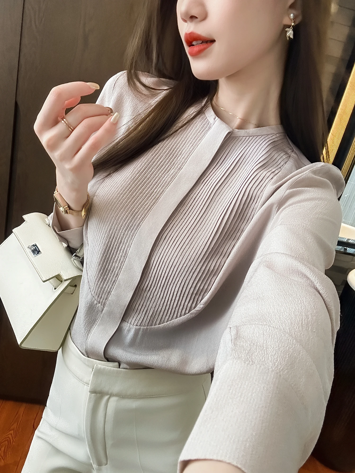 

Розовая шелковая блузка Ele для ранней осени, повседневная, приталенная, с длинным рукавом, удобная, дышащая, женская модная блузка