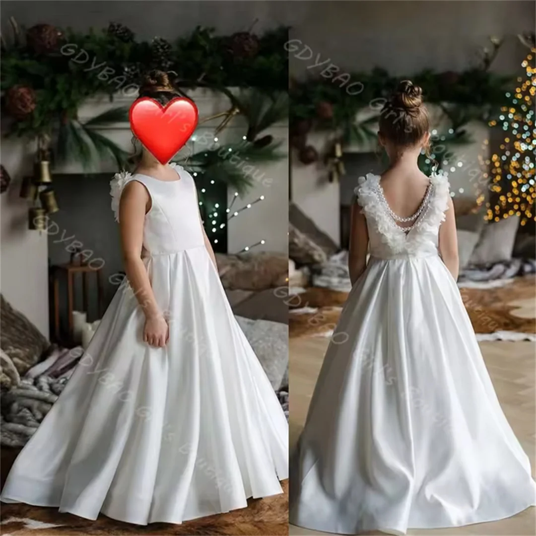 

Вечерние платья для девочек по индивидуальному заказу, белое атласное платье для первого причастия, шикарное многоуровневое тюлевое платье с открытой спиной и бисером, свадебное платье с цветочным узором для девочек