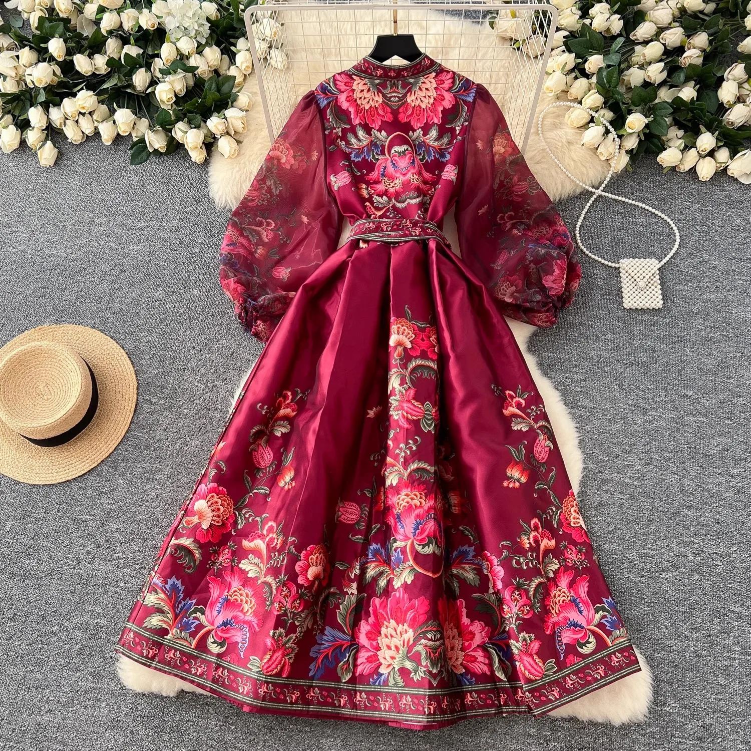 2025 Primavera Autunno Vacanza Stampa floreale Abito avvolgente Donna Scollo a V incrociato Manica lunga a lanterna Fasciatura con lacci Boho Maxi Vestido