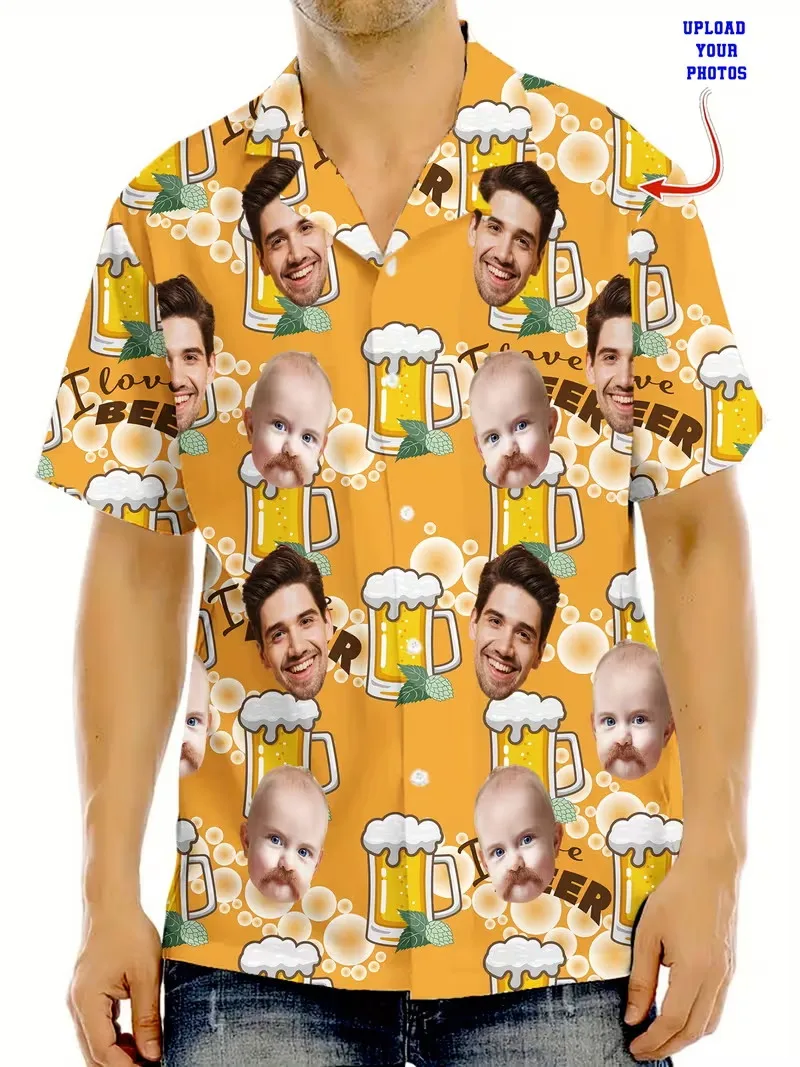 

Custom Face Beer Print Hawaiian Shirts Personalized Photo 'I Love Beer' Short Sleeve Button Down Casual Shirt for Beer Lovers