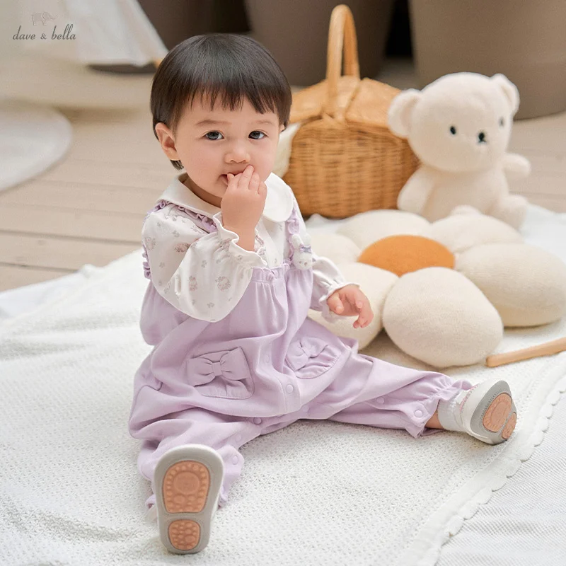 Dave Bella Baby Girls Jumpsuit Newborn Autumn Clothes Spring Romper Creeper Cotton Purple Children Printed Bow Pocket DB3263121