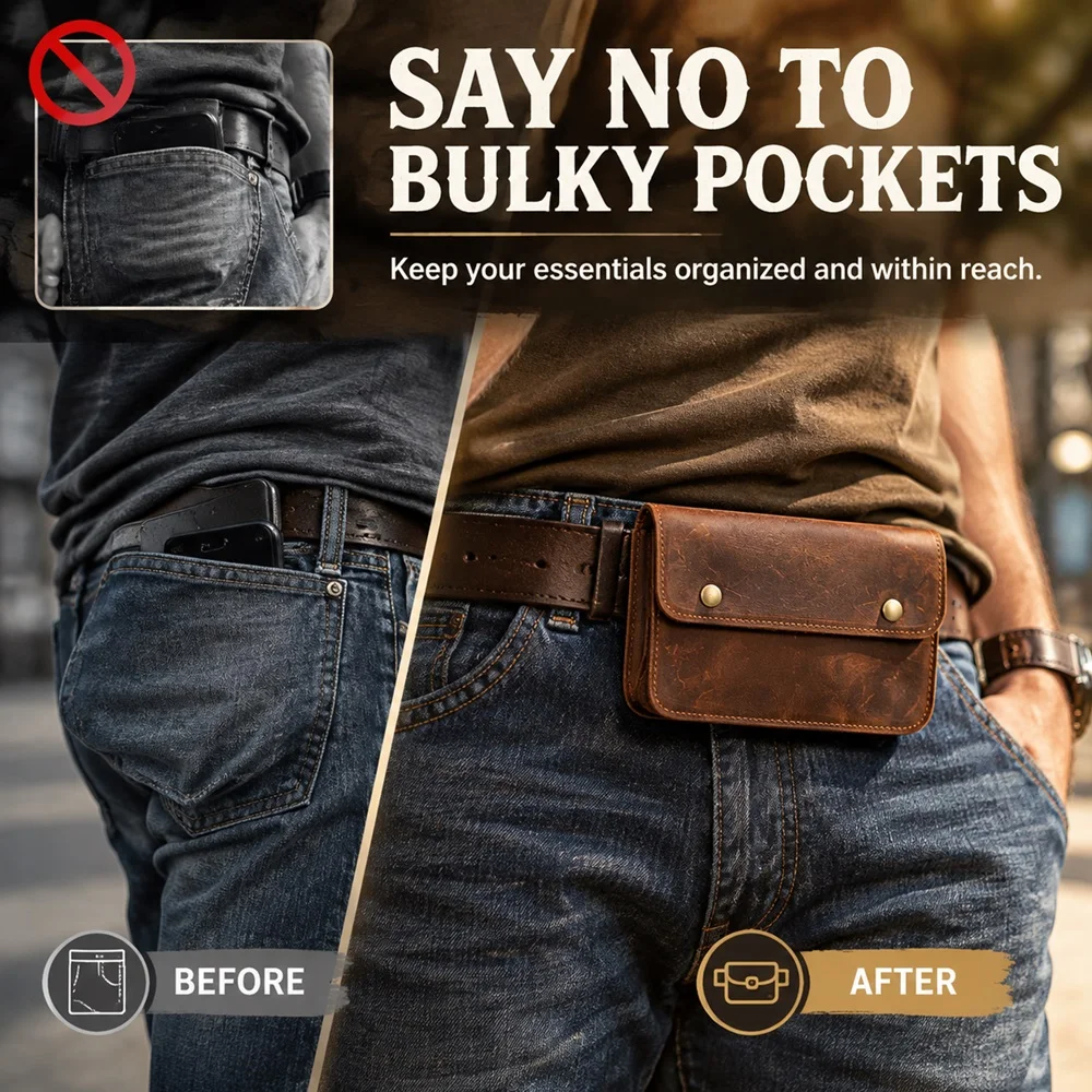 Vintage Genuine Leather Cell Phone Belt Pouch for Men, Waist Bag Holster with Magnetic Closure, Fits 6.9