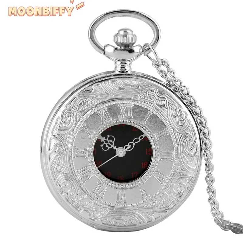 Vintage Pocket Watch Antique Roman Number Quartz Steampunk Pocket Watches Black Hollow Out Pendant Clock Chain Necklace Men Gift