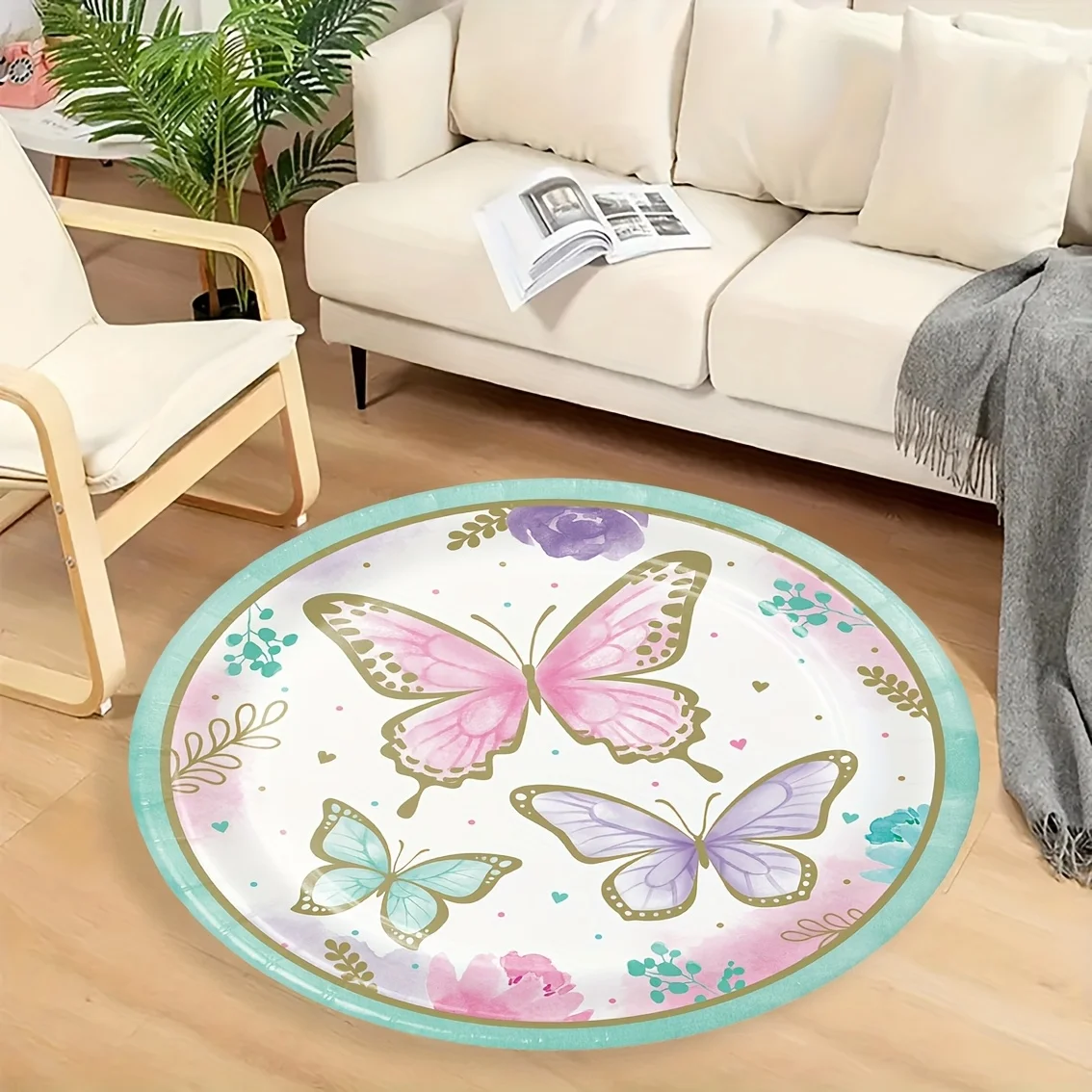 Festive Nature Wing Motif Circular Rug Decorative Non Slip Door Mat Versatile Accent For Gym Dance Studio Lounge Room