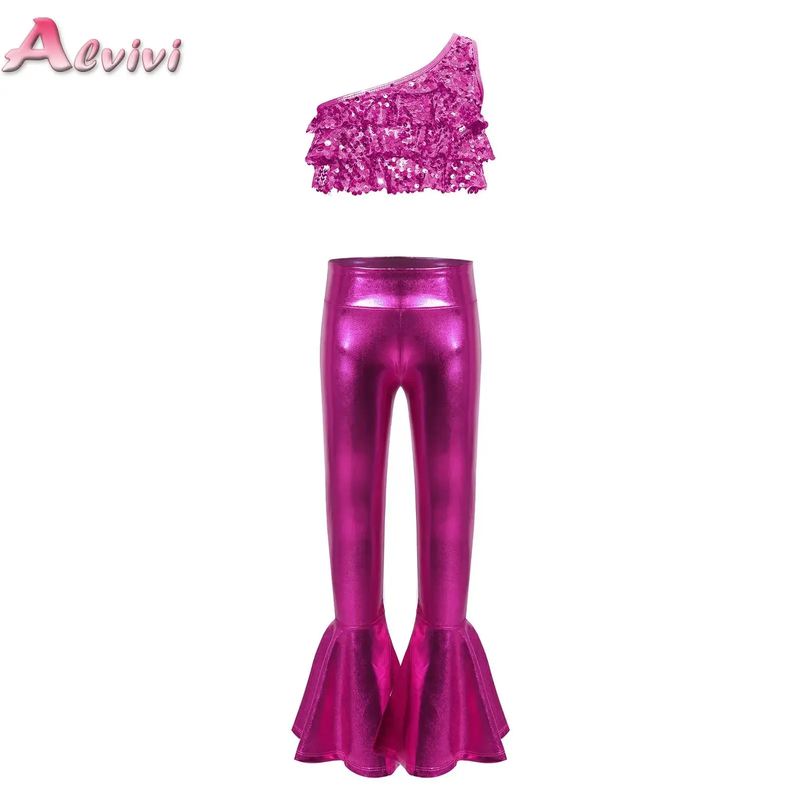 

Kid Girls Sleeveless Sequins Disco 70's Costume Halloween Cowgirls Hippie Fancy Dress Up Shiny Stage Performance Dancing Set