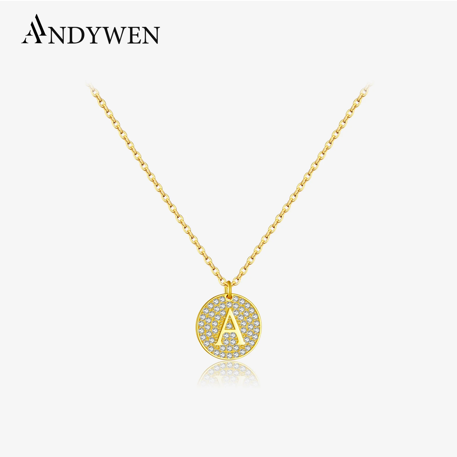 

ANDYWEN 925 Sterling Silver Gold Circle Full CZ Zircon Letter A Pendant Chain Necklace 2025 Luxury Women Fine Birthday Jewelry