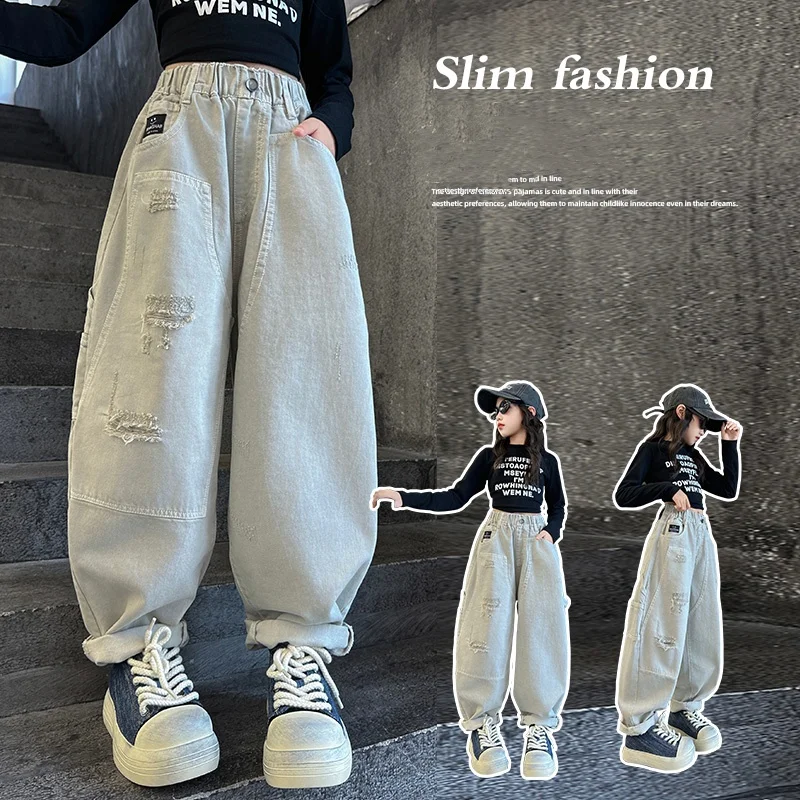 

Girl Jeans Ages 4-14Y Kid Loose Denim Teenage Vintage Trousers Toddler Casual Denim Child Y2k Hole Breaking Design Long Pants